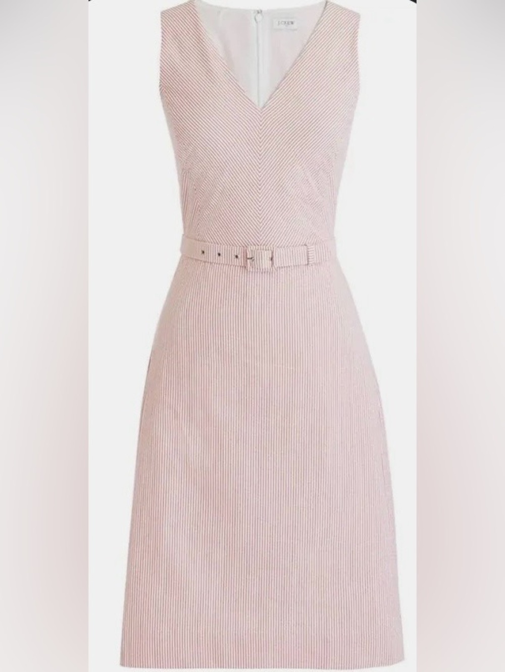 J Crew Seersucker Sleeveless V-Neck Belted Pink Dress